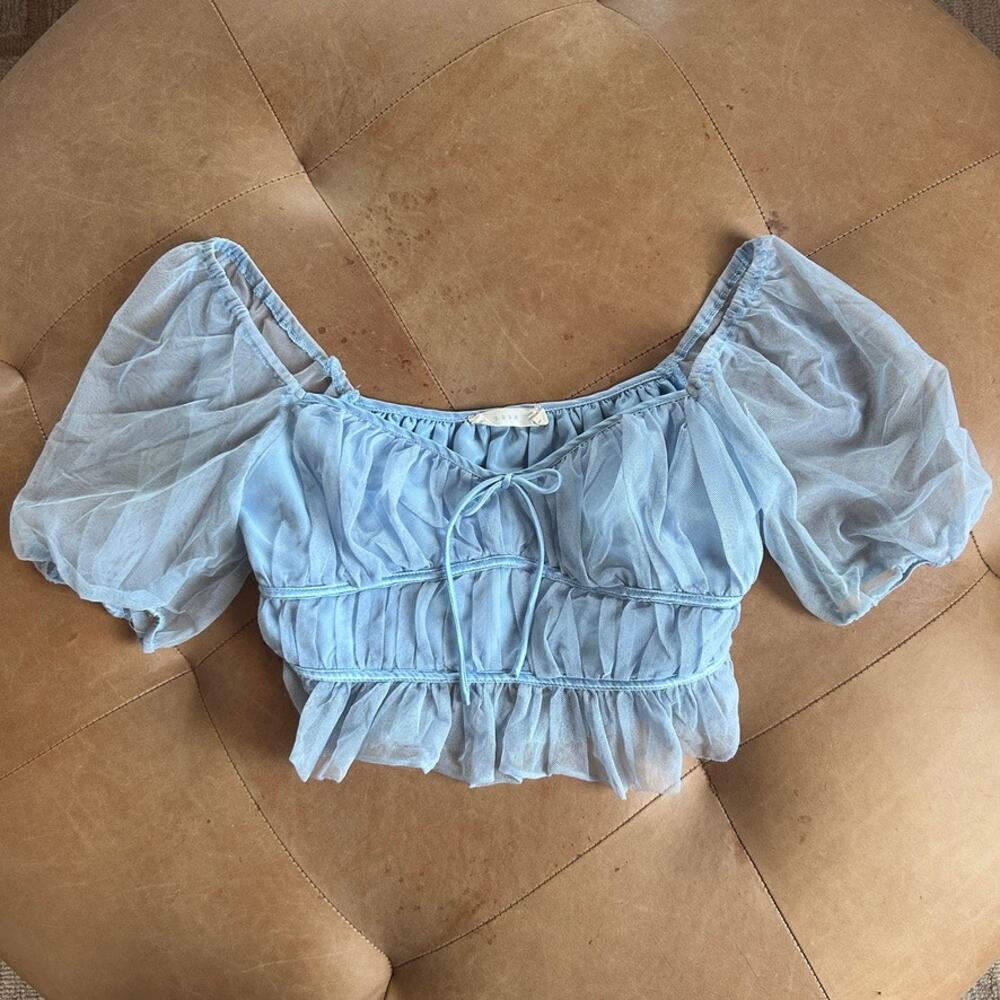 Fairy Milkmaid Mesh Babydoll Crop Top Puff Sleeve Romantic Blue Coquette S - Picture 9 of 10